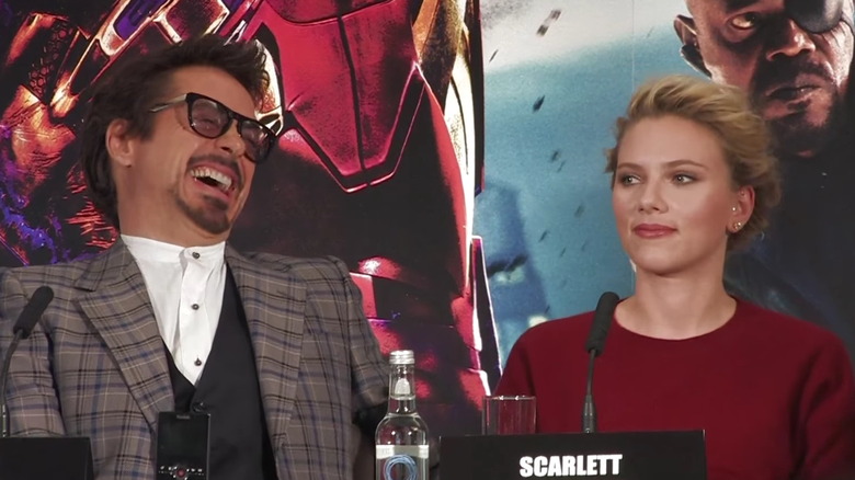 Robert Downey Jr. and Scarlett Johansson at a press conference