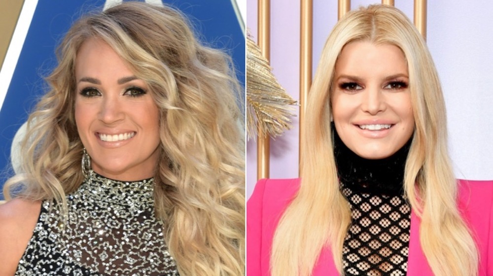 Carrie Underwood and Jessica Simpson posing on the red carpet in split image