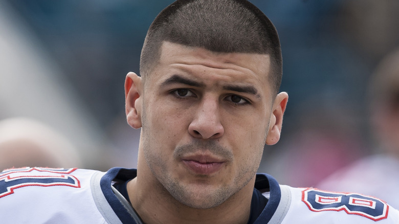 Aaron Hernandez, New England Patriots uniform, 2012 photo 