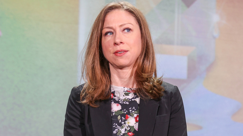Closeup of Chelsea Clinton looking to her left