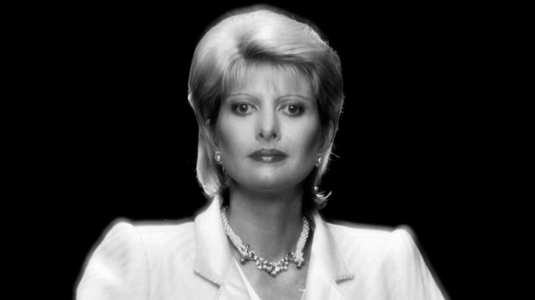 Black and white photo of Ivana Trump posing in the 1980s