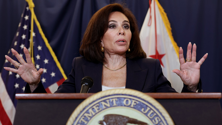 Jeanine Pirro speaking at a press conference