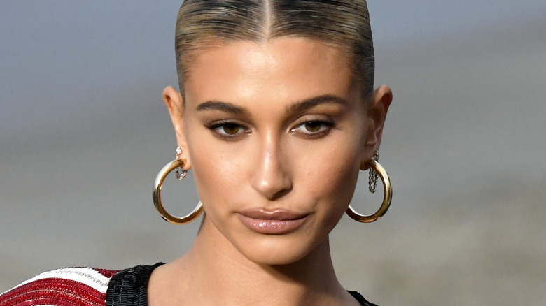 Hailey Bieber pouting at event