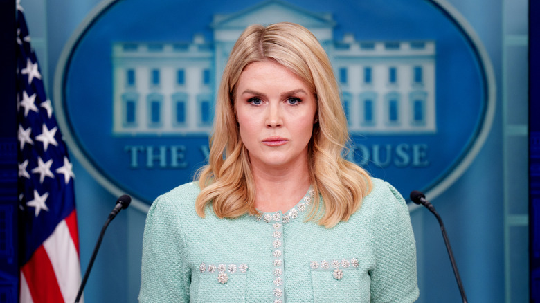 Karoline Leavitt looks glum at the White House during a press conference in March 2025.