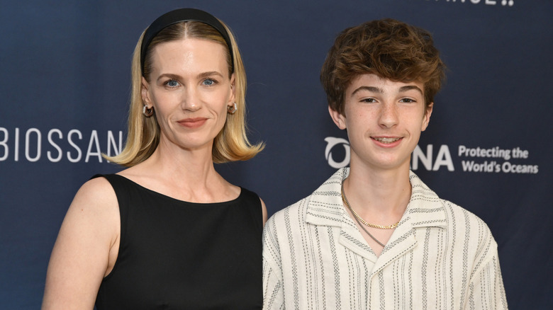 January Jones and her son Xander pose in 2025