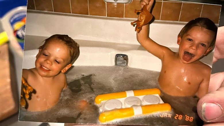 Corey and Adam Harrison in the bathtub as young kids