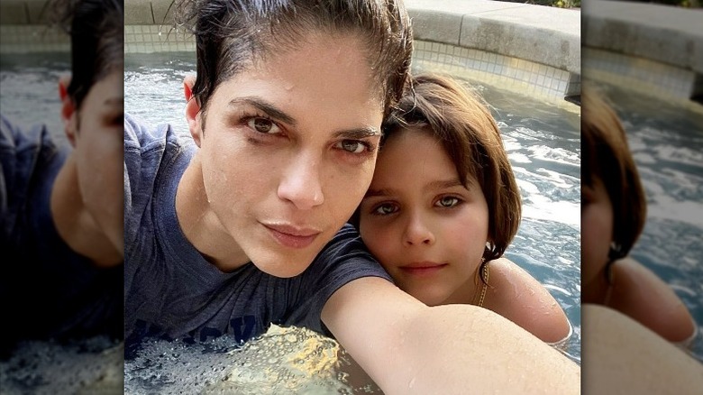 Selma Blair and her son in pool