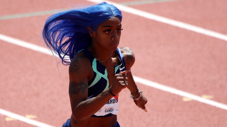 Sha'Carri Richardson running blue hair