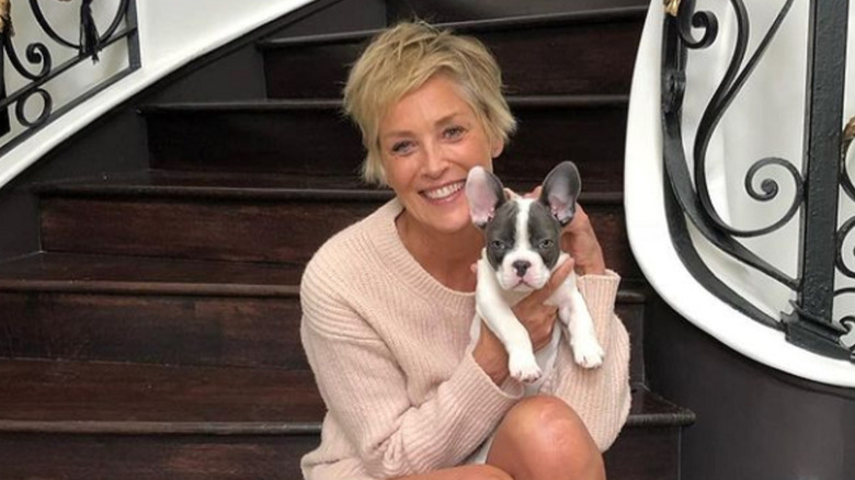 Sharon Stone cuddling her dog
