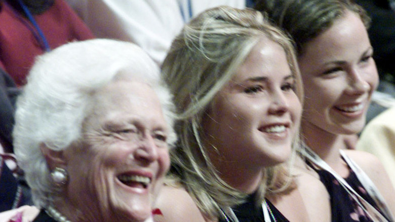 Barbara, Jenna, and Barbara Bush sitting and smiling at 2000 Republican National Convention
