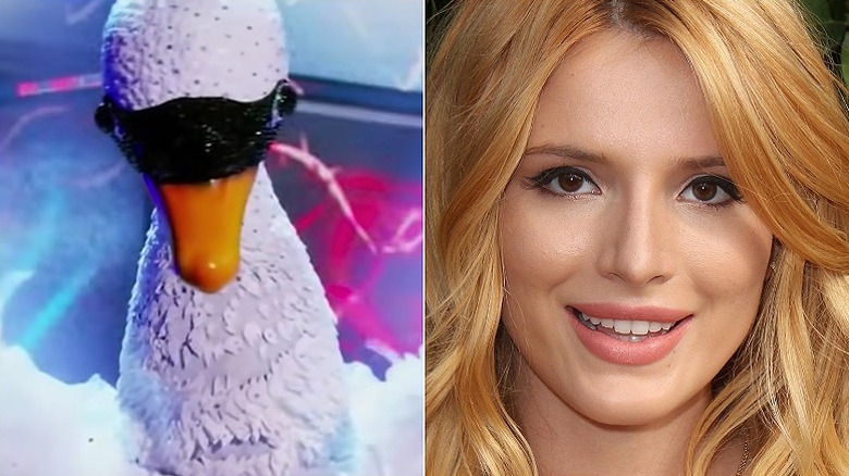 Masked Singer's Swan and Bella Thorne split image
