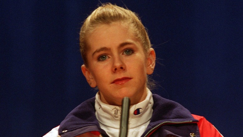 Tonya Harding looking glum at press conference 