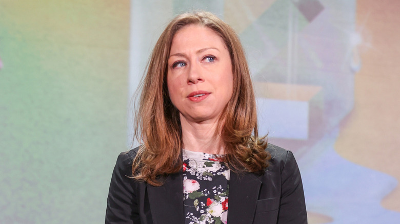 Closeup of Chelsea Clinton looking to her left