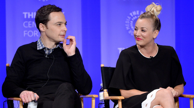 Kaley Cuoco and Jim Parsons speak at an event