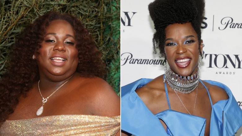 Alex Newell posing, J. Harrison Ghee celebrating Tony win