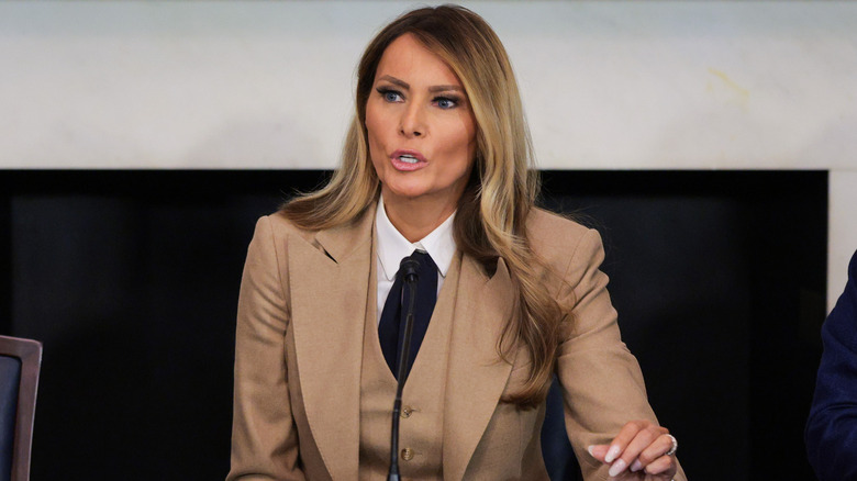 Melania Trump speaking during a roundtable discussion on the "Take It Down Act" in the Mike Mansfield Room at the U.S. Capitol