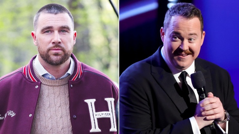 Split image of Travis Kelce in a burgundy jacket; Shane Gillis onstage in a suit with a mic