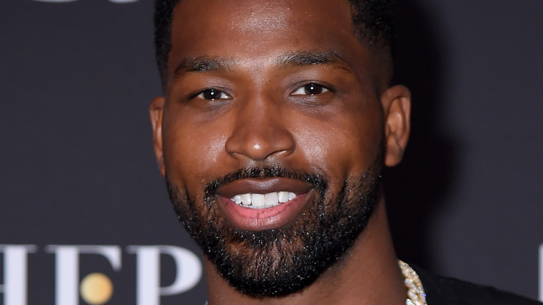 Tristan Thompson, looking upset, mouth open, sweating during 2020 basketball game