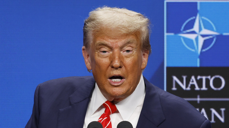 Donald Trump speaking at the NATO Summit