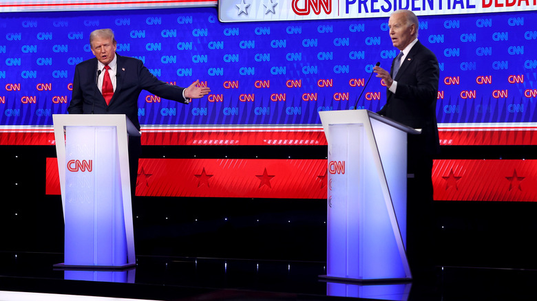 Donald Trump and Joe Biden at podiums