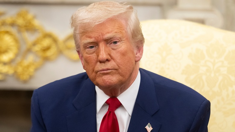 Donald Trump in the Oval Office, looking to the side, face looking like it was colored with bronzer or foundation