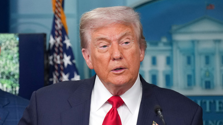 Donald Trump sporting gray hair at a press conference.