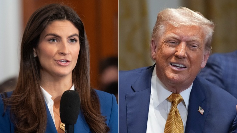 Split images of Kaitlan Collins and Donald Trump wearing blue jackets