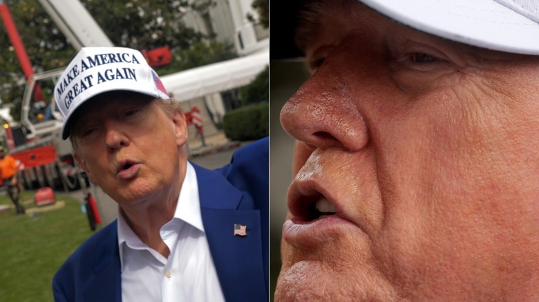 Donald Trump wearing a white MAGA hat while speaking about new flag poles