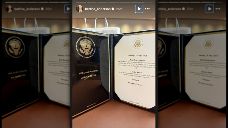 A picture of the Air Force One menu shared by Bettina Anderson