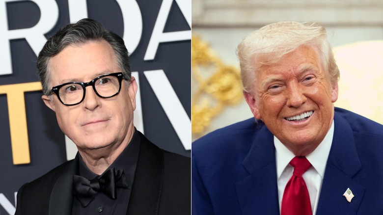 Stephen Colbert in a black tux; Donald Trump smiling