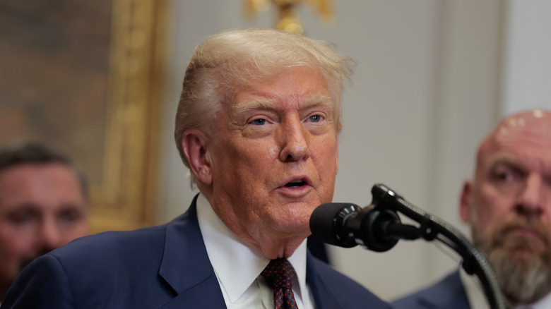 Donald Trump speaking into a microphone while wearing a suit