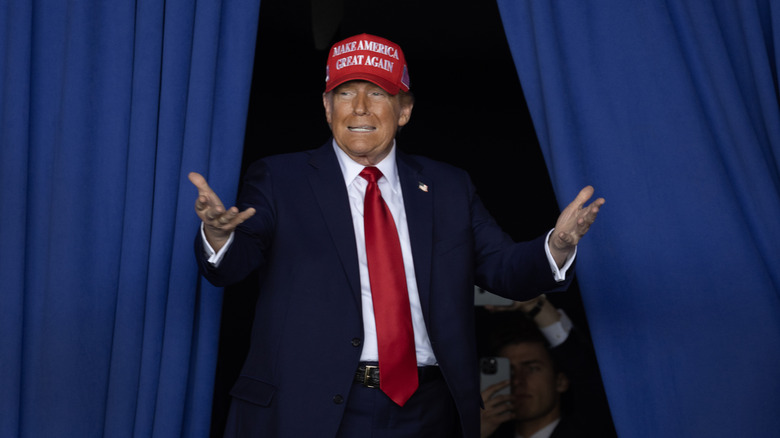Donald Trump emerges from behind curtains