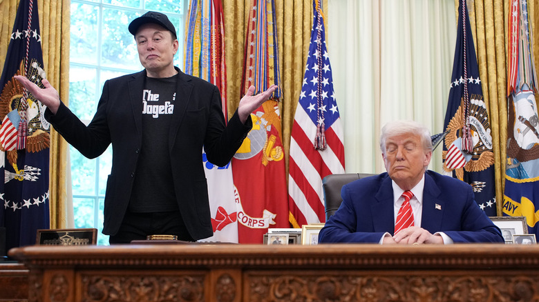 Elon Musk and Donald Trump speaking to the media at the Oval Office