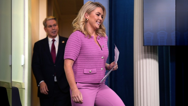 White House press secretary Karoline Leavitt and U.S. Treasury Secretary Scott Bessent arrive for the daily press briefing in the Brady Press Briefing Room at the White House on April 29, 2025 in Washington, DC..