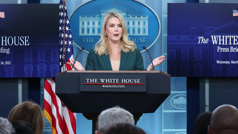 Karoline Leavitt speaking during the daily press briefing in the Brady Press Briefing Room