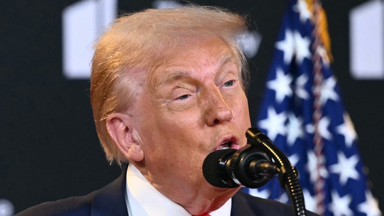 Donald Trump speaking into a microphone
