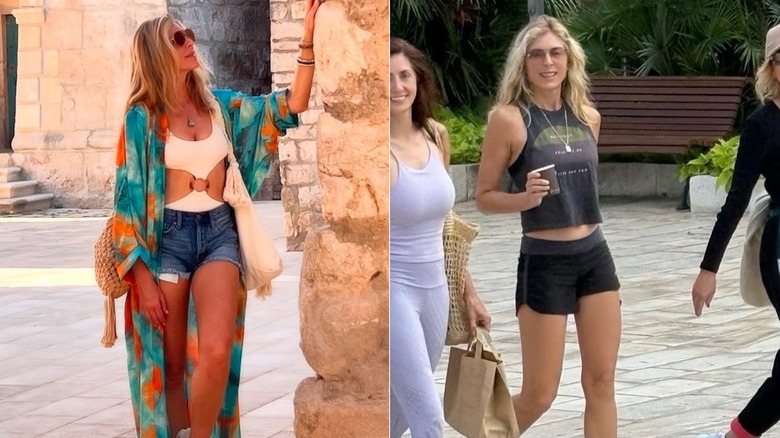 Split images of Marla Maples wearing a white monkini and black outfit in Croatia