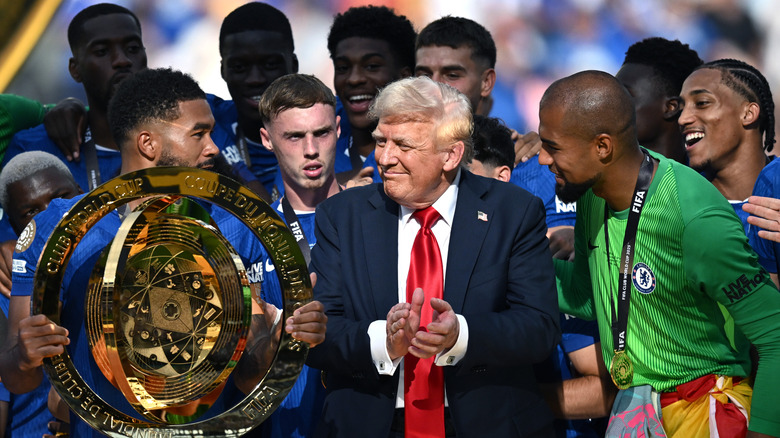 Donald Trump smiling at the players during the FIFA Club World Cup 2025 final match post match awards ceremony