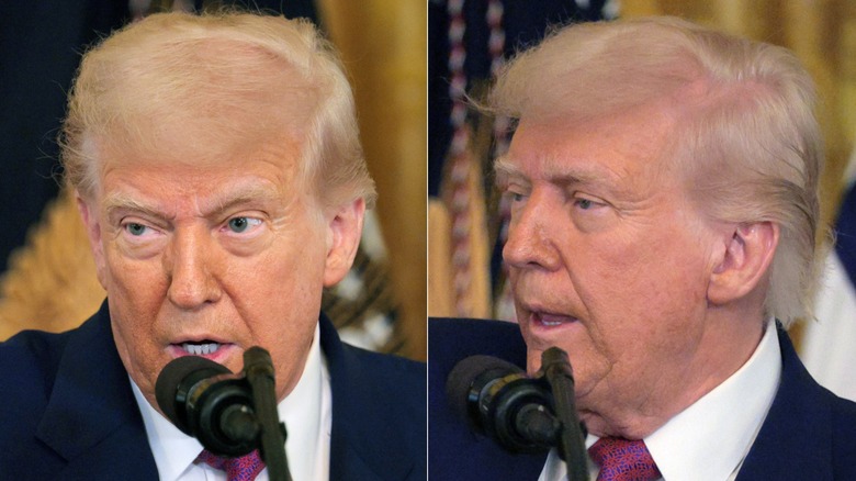 Split images of Donald Trump's hair from the front and back during a bill signing at the White House