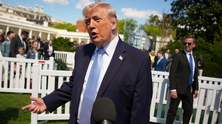 Donald Trump speaking to members of the media at the 2026 Easter Egg Roll