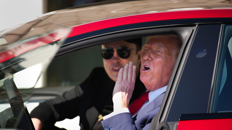 Donald Trump and Elon Musk sitting in a Tesla at the White House