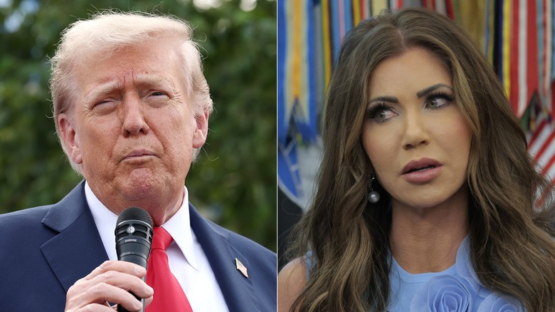Split images of Donald Trump holding mic and Kristi Noem wearing pearl earrings