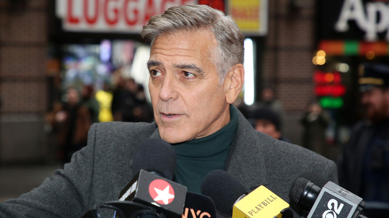 George Clooney speaking during a press event announcing the complete Broadway cast of 