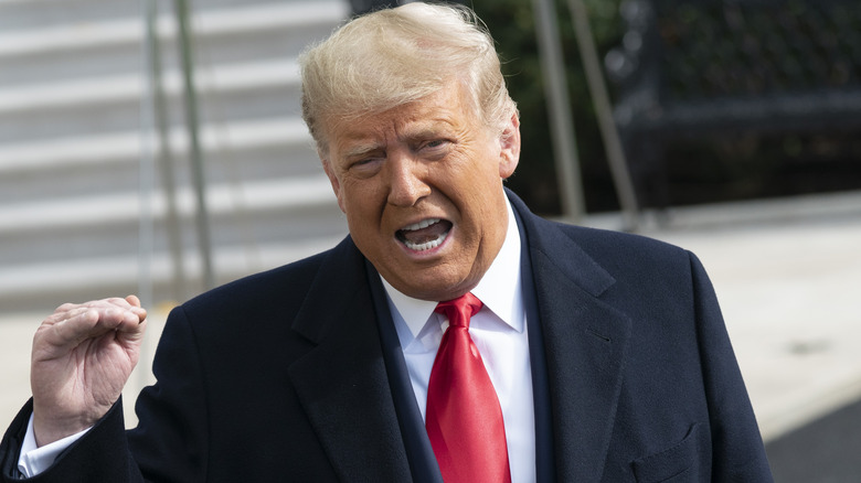 Donald Trump with mouth wide open and hand up