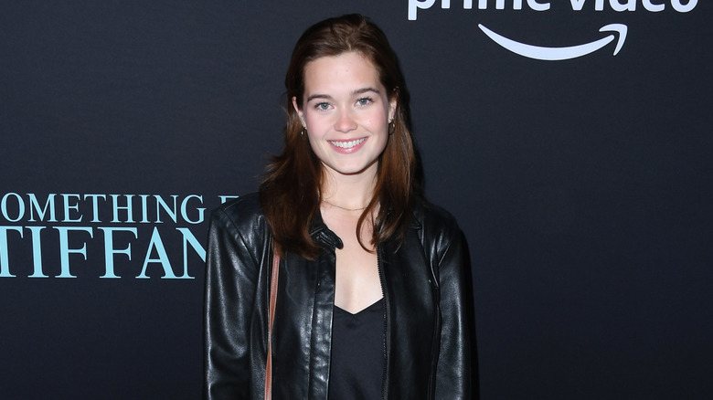 Sarah Catherine Hook wearing a leather jacket