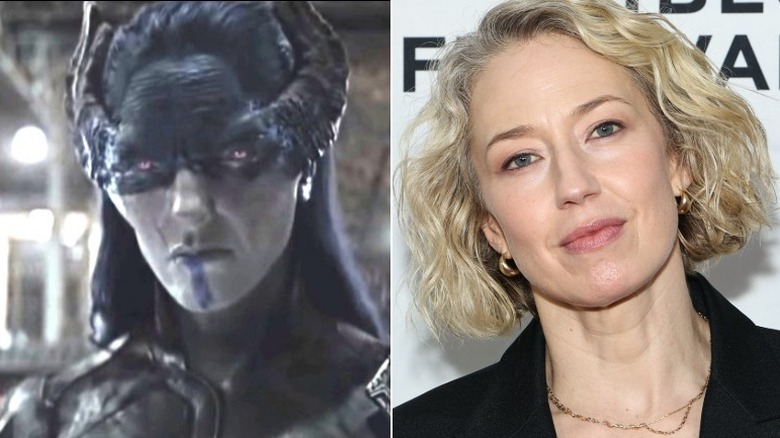 Split image of Carrie Coon as Proxima Midnight and Carrie Coon