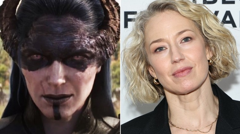 Split image of Carrie Coon as Proxima Midnight and Carrie Coon
