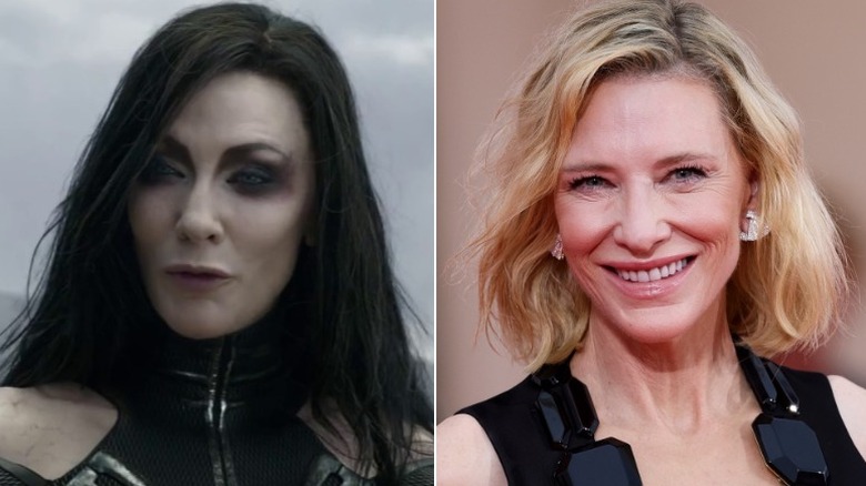 Split image of Hela in Thor: Ragnarok and Cate Blanchett smiling