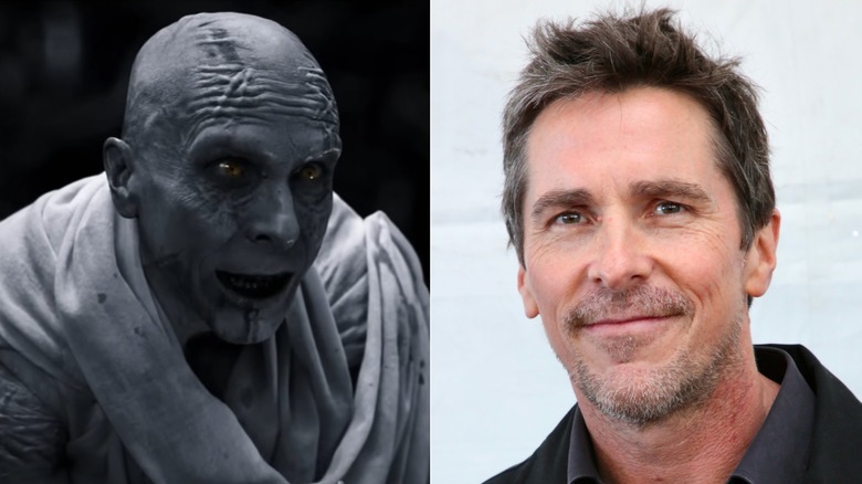 Christian Bale as Gorr the God Butcher in "Thor: Love and Thunder" / Christian Bale smiling wearing.a black collared shirt