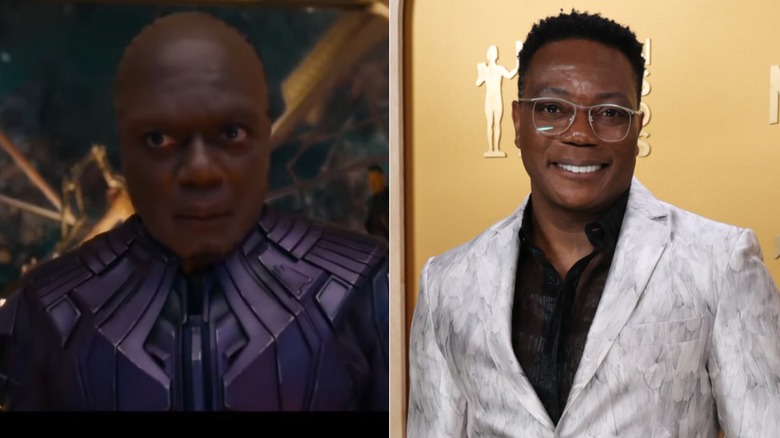 Chukwudi Iwuji as the High Evolutionary in "Guardians of the Galaxy Vol. 3" / Chukwudi Iwuji wearing glasses, a silver patterned blazer, a black shirt, and a black neck tie